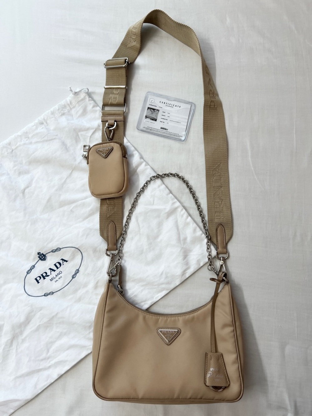 Prada Reedition Re-edition 2005 Nylon Tan Chain Shoulder Bag Crossbody Purse